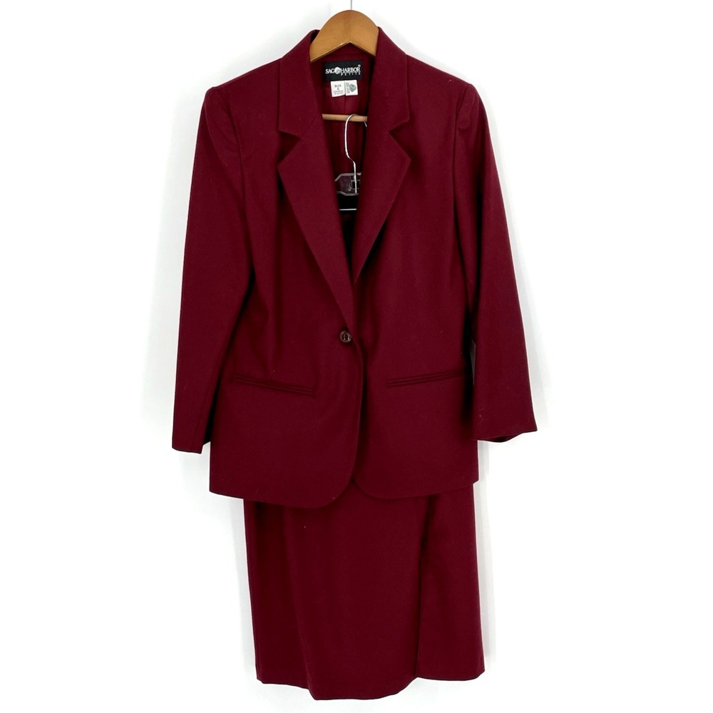 Sag Harbor Womens 6 Skirt Jacket Maroon Suit 100% New Pure Wool Front Slit